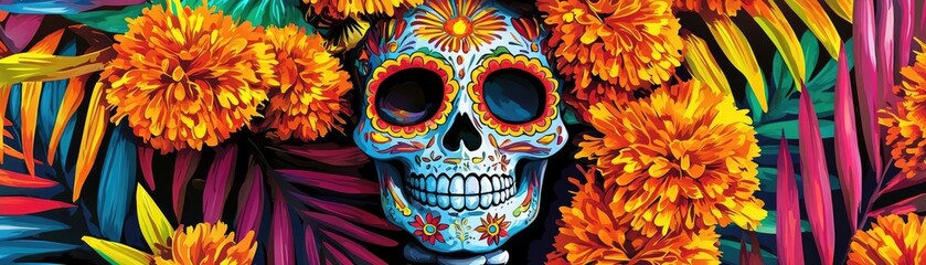 Colorful skull surrounded by vibrant flowers and foliage, celebrating cultural traditions and honoring the deceased's memory.