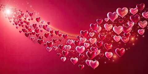 Aerial view of pink gradient heart shapes gracefully flowing across a vibrant red background, perfect for Valentine's Day and wedding celebrations. Love captured beautifully.
