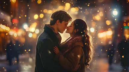 A romantic couple sharing a kiss in a snowy, festive setting.