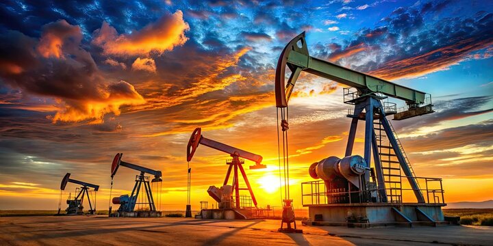 Against a breathtaking sunset backdrop, oil pump jacks operate, symbolizing the energy industryâ€™s commitment to natural resource extraction and the pursuit of energy solutions.