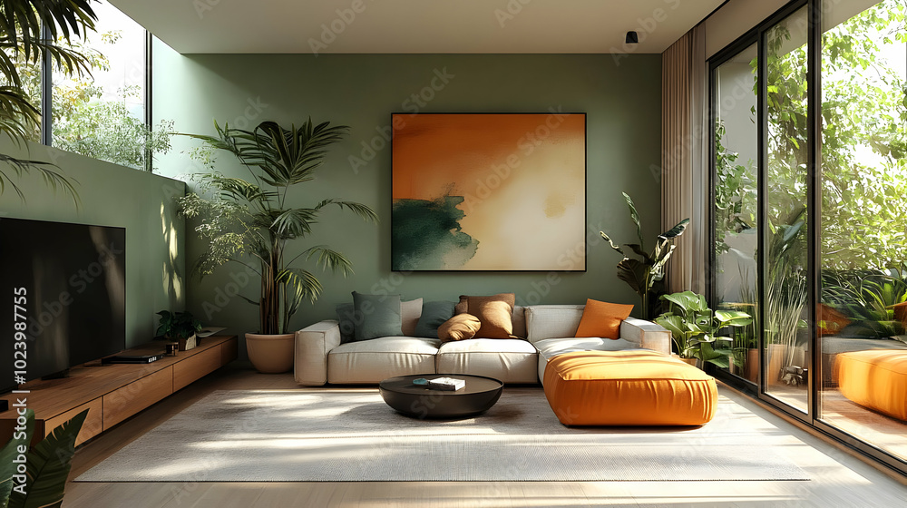 Canvas Prints Modern living room with plants and cozy furniture.