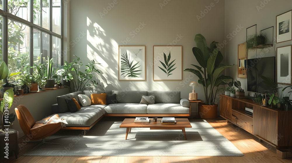 Canvas Prints Modern living room with plants and natural light.