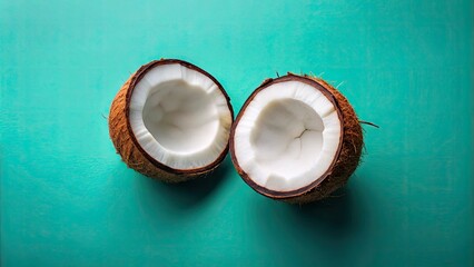 A halved coconut set against a vibrant cyan background, showcasing its tropical allure and versatility as a delightful ingredient in desserts and culinary condiments.