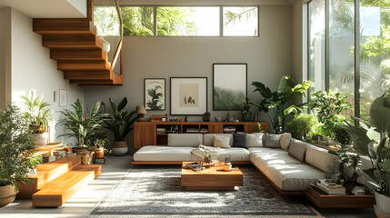 Fototapeta premium Modern living room with plants, natural light, and cozy seating.