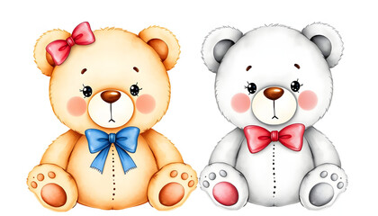 Cute Teddy Bear set. Watercolor cartoon animals. Hand drawn illustration lady and gentleman isolated with white highlights, png