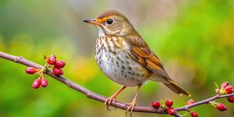 A Hermit Thrush perched on a branch during spring migration, displaying its stunning plumage amidst a vibrant natural habitat, a true sign of seasonal renewal.