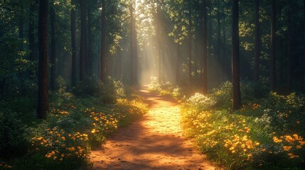Obraz premium A sunlit path winds through a lush forest, surrounded by blooming flowers.