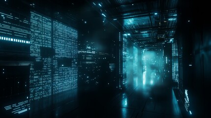 Exploring a high-tech data center illuminated by glowing blue lights in a futuristic atmosphere