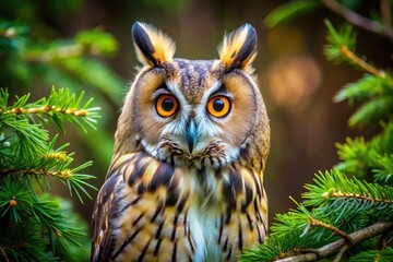 Naklejka premium A Long Eared Owl with large, expressive eyes stares intently from a thick branch in its natural habitat, showcasing its striking beauty and keen awareness.