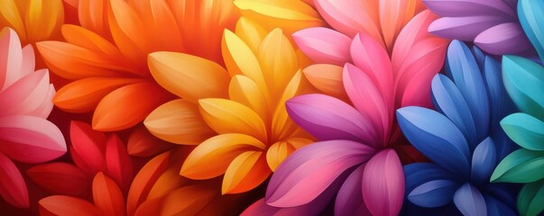 Fototapeta premium Colorful floral pattern featuring vibrant petals in shades of pink, orange, and blue against a soft background.