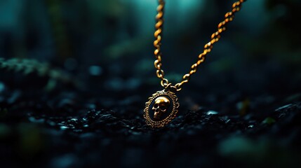 Gold necklace with skull pendant, dark moody background.