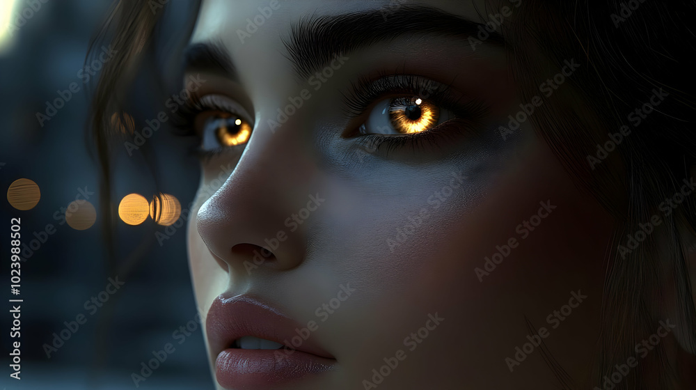 Canvas Prints A close-up portrait of a woman with glowing eyes and soft lighting.