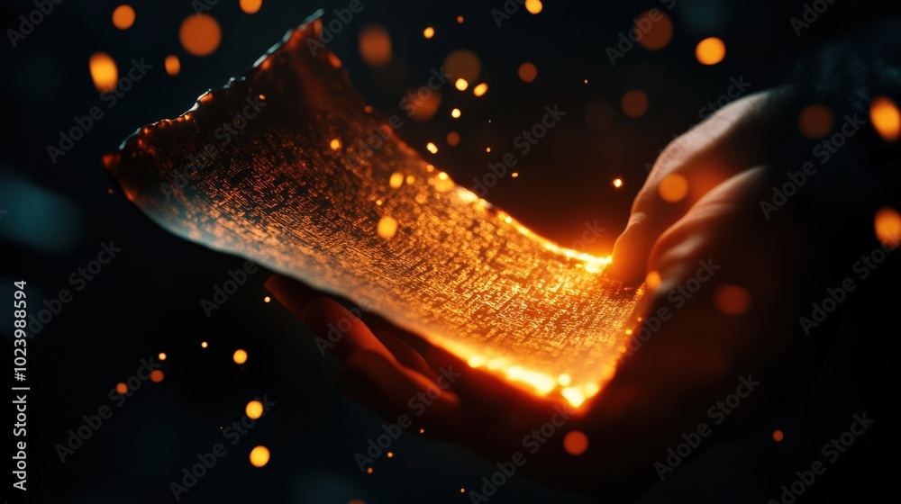 Wall mural Hand holding glowing, shimmering material with particles glowing around.