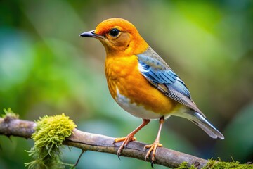 Amidst a verdant forest, an Orange-headed Thrush elegantly perches on a branch, creating a breathtaking tableau of nature's vivid colors and serene atmosphere.