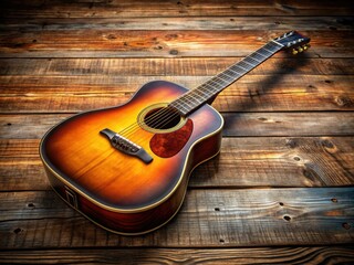 Fototapeta premium An acoustic guitar lies gently on a weathered wooden floor, highlighting the rich textures and warm hues of its surroundings, creating a cozy and inviting atmosphere.