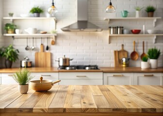 An empty wooden table sits gracefully with a blurred kitchen backdrop, radiating a cozy ambiance that inspires warm and inviting home decor ideas for any space.