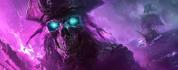 Mysterious pirate skull with glowing eyes in a dramatic scene with phantom ship and dark ocean swirling in purple mystique.