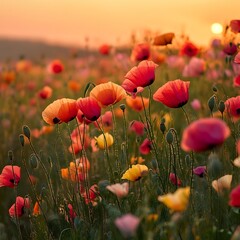 Obraz premium A vibrant field of blooming flowers at sunset, showcasing nature's beauty and tranquility.