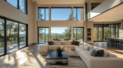Bright and spacious modern living room with large windows showcasing natural views and a neutral color palette