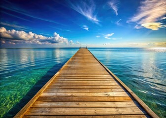 Obraz premium A peaceful wooden pier stretches into a serene sea under a clear blue sky, surrounded by gentle waves, creating a tranquil, calming atmosphere.