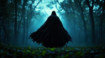 Mysterious figure in cloak standing in a foggy forest, creating an enigmatic atmosphere.