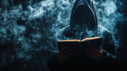 Mysterious figure reading a book, surrounded by swirling smoke in dim lighting.