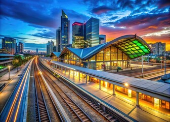 Fototapeta premium Arden Train Station in Melbourne showcases striking modern architecture, seamlessly integrating urban transportation with contemporary design in a bustling urban landscape. A vibrant transit hub.