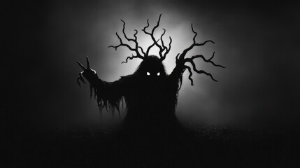 Fototapeta premium Mysterious shadowy figure with tree-like arms against dark background.