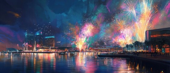 Fototapeta premium A vibrant fireworks display over a waterfront cityscape at night.
