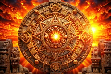 Fototapeta premium The Ancient Mayan Sun Symbol signifies light, energy, and life, encapsulating the essence of the civilizationâ€™s cultural heritage and its artistic manifestations through history.
