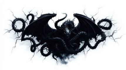 Mythical black dragon design with intricate details, isolated on white background.