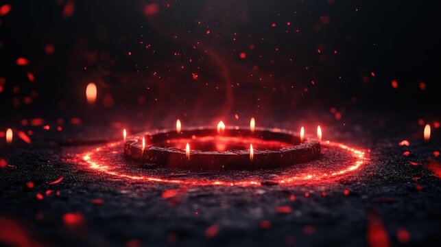 Mystical red circle with candles in dark environment, magic or occult theme.