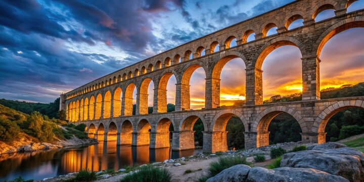 As dusk settles, the Roquefavour Stone Aqueduct arches come alive in low light photography, showcasing their historic elegance amid the soft glow of twilight hues.