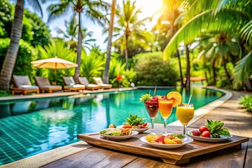 Obraz premium A serene tropical table by the pool offers a calming atmosphere, perfect for unwinding and enjoying vacation vibes in a picturesque setting. Embrace relaxation today!