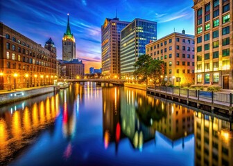Naklejka premium As night descends, the Milwaukee River transforms into a stunning display of light, showcasing illuminated buildings and their shimmering reflections dancing on the water's surface.