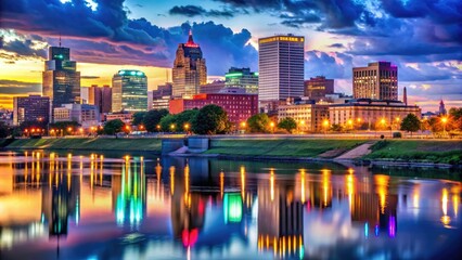 The Memphis downtown skyline glows at dusk, with colorful lights shimmering on the river's surface, creating a stunning, vibrant cityscape that enchants all who see it.