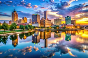 Fototapeta premium The mighty Toledo skyline comes alive at twilight, with radiant buildings glowing and their reflections dancing on the river, forming a stunning evening panorama.