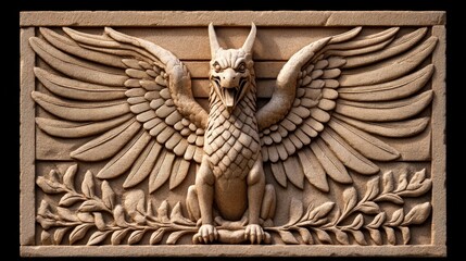 Ornate stone relief of a mythical creature with wings and detailed textures.