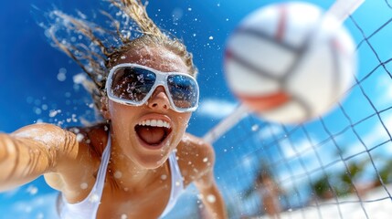 A joyful woman, in large white sunglasses, leaps across a volleyball net to challenge an incoming ball, capturing the essence of excitement and agility in beach sports.