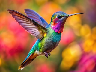 Fototapeta premium A stunning closeup of a vibrant hummingbird in flight, showcasing the breathtaking beauty of nature as it darts gracefully among colorful blossoms and greenery.