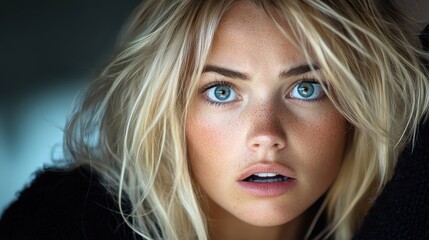 Fototapeta premium A detailed image focusing closely on a woman's bright blue eyes and expressive face, revealing intense curiosity and engagement in a contemporary atmosphere.