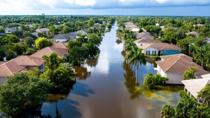 Obraz premium Aerial view shows a suburban neighborhood with houses partly submerged by floodwaters, highlighting the impact of natural disasters on residential areas.