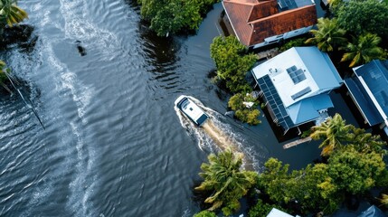 Fototapeta na wymiar A rescue boat makes its way through the heavily flooded streets of a neighborhood, highlighting the severe impact of natural disasters on local communities.