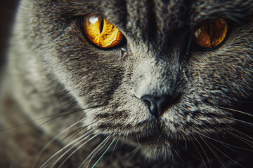 closeup of shorthair exotic grey fur cat with big yellow eyes indoor looking in camera