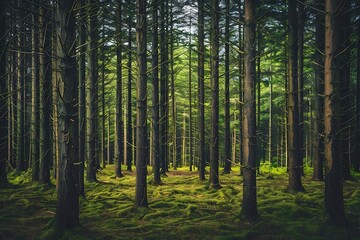 Obraz premium Aerial view of a forest with green and yellow trees.