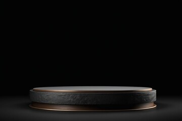 An empty dark grey round metal plate podium, creating a minimalistic design with no one present for products display