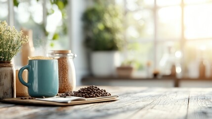 A blue mug rests beside scattered coffee beans on a sunlit wooden table, with jars of grains and decorative plants adding to the cozy morning atmosphere.