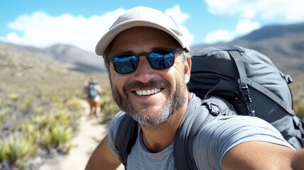 A joyful male hiker in sunglasses and a cap takes a selfie during a mountain trail hike, showcasing expansive desert landscape and clear blue skies behind him.
