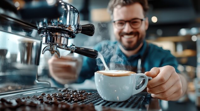 A joyful barista uses an espresso machine to prepare a cappuccino, combining skill and warmth in a buzzing cafe, showcasing the craft of coffee creation.