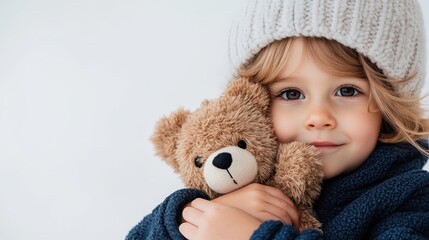 A young girl in winter attire hugs her teddy bear, radiating warmth and comfort, depicting a moment of joy and contentment against a plain background indoors.